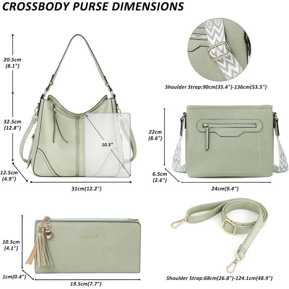 Women’s Light Green 3PCS PU Leather Purses Set  Crossbody Wallet & Hobo Tote Bag - Picture 3 of 8